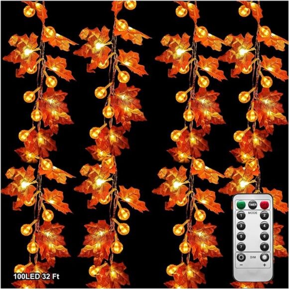 32Ft Fall Decor Lighted Maple Leaf Garlands Thanksgiving Halloween Fall - Picture 1 of 8